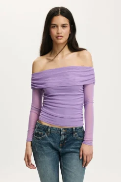 Ashley Off Shoulder Mesh Long Sleeve Top