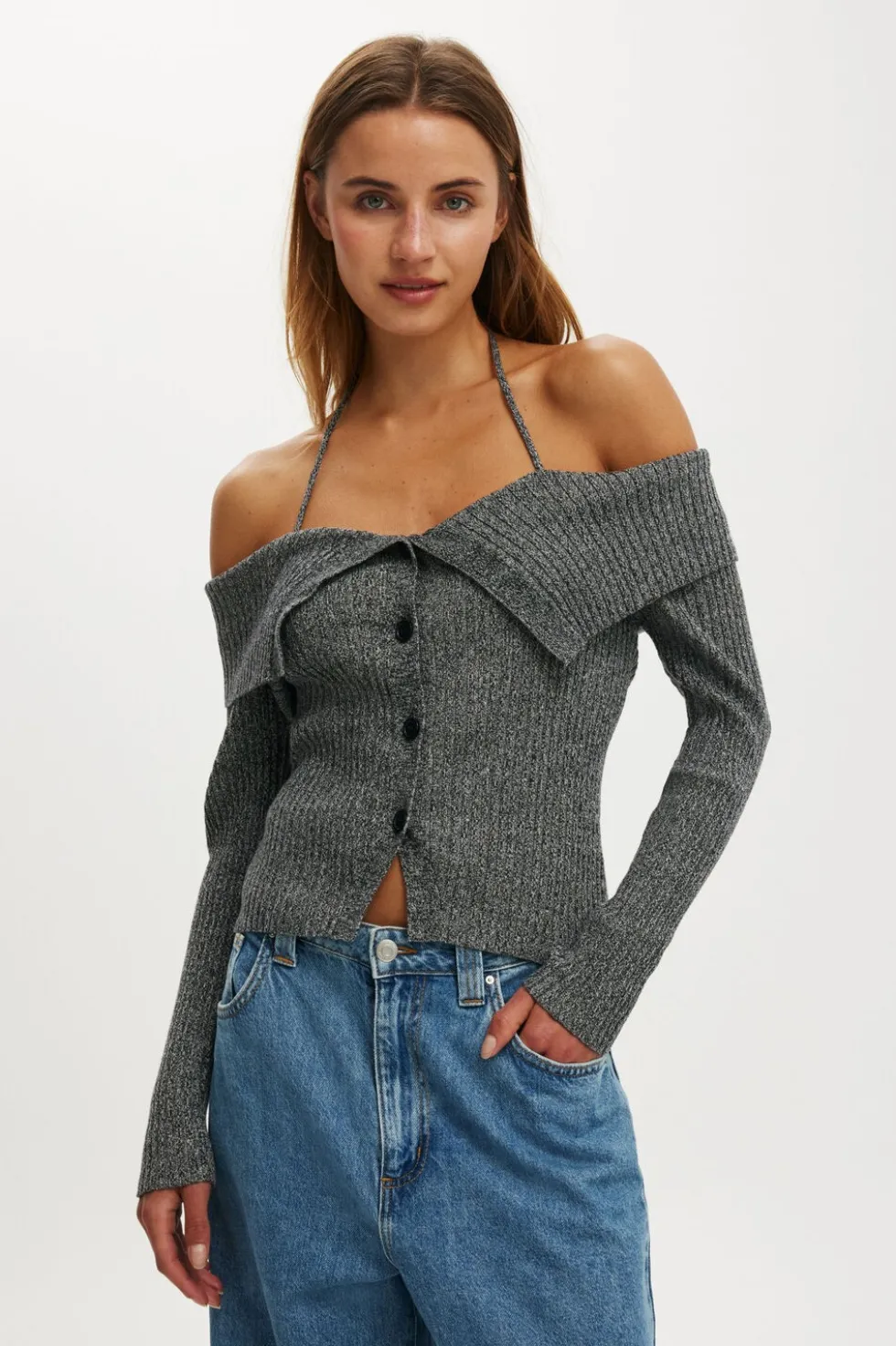Button Down Off Shoulder Knit