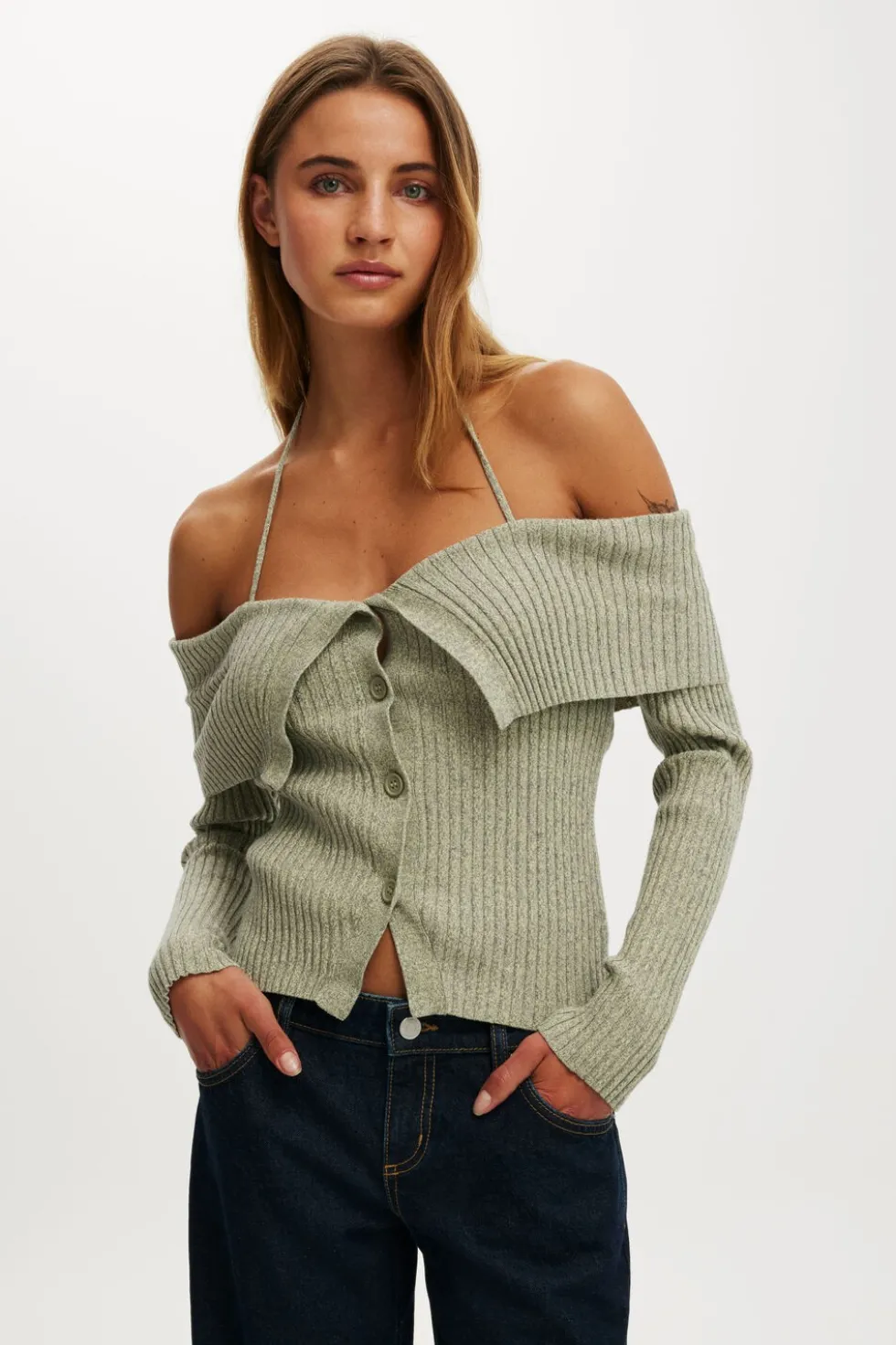 Button Down Off Shoulder Knit