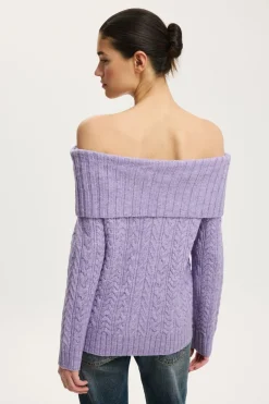 Fluffy Cable Off Shoulder Knit