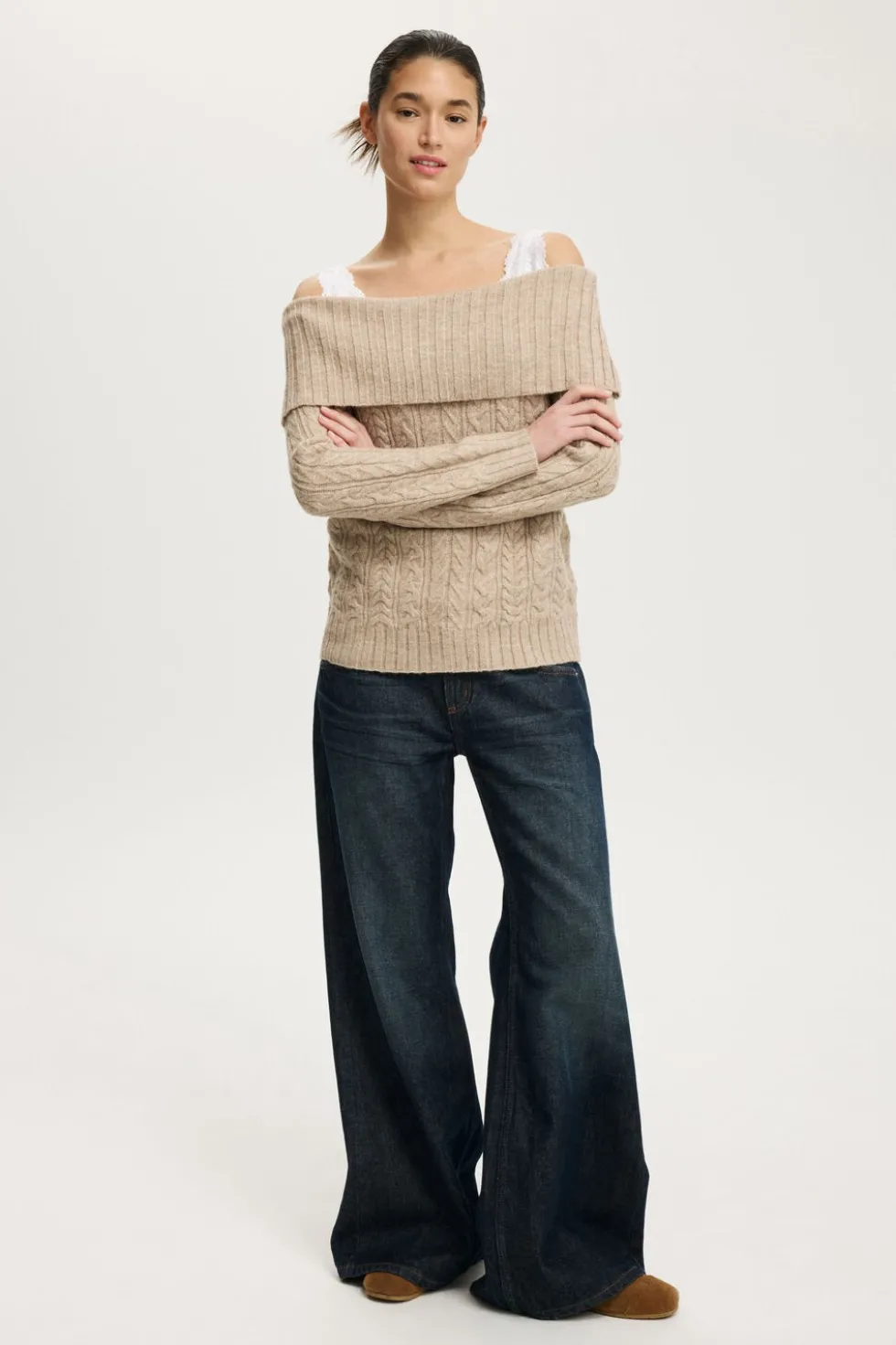 Fluffy Cable Off Shoulder Knit