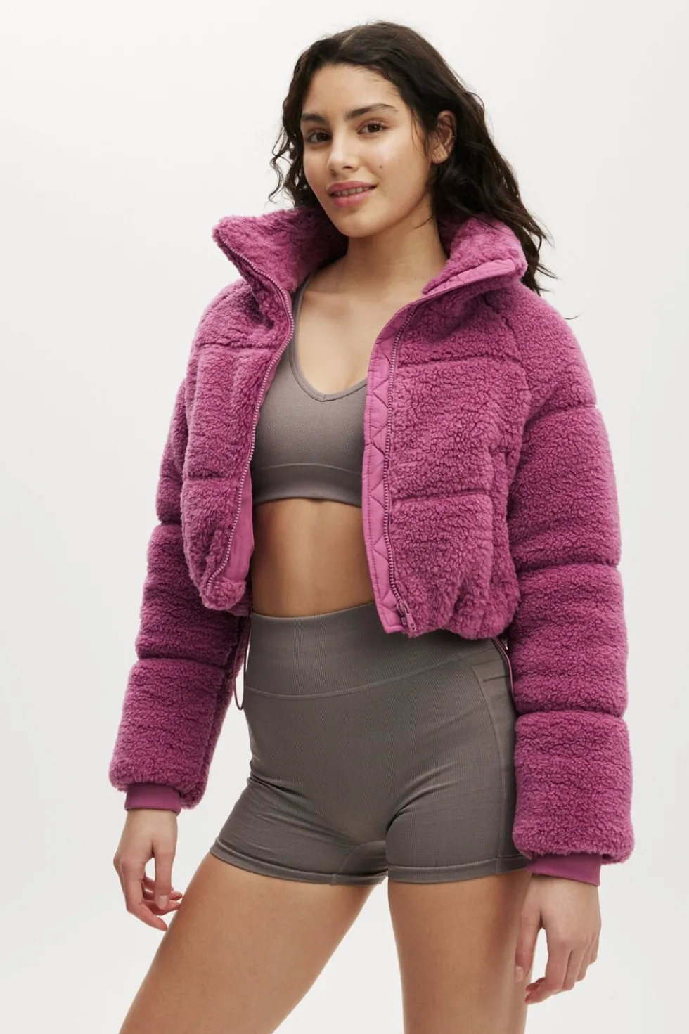 The Mother Puffer Cropped Sherpa Jacket