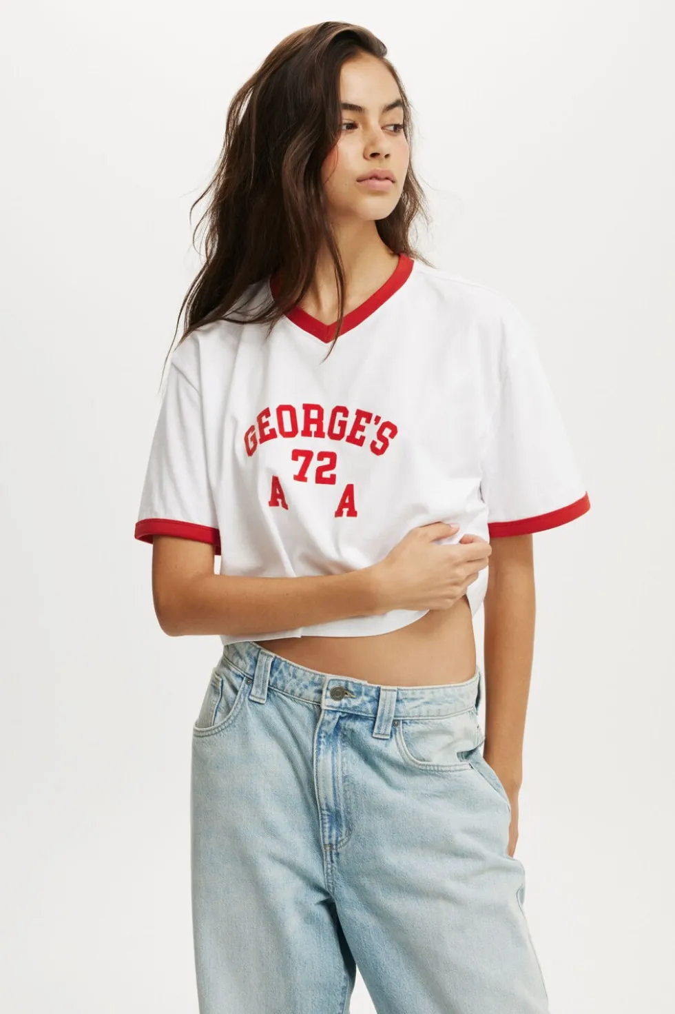V Neck Boxy Crop Graphic Tee